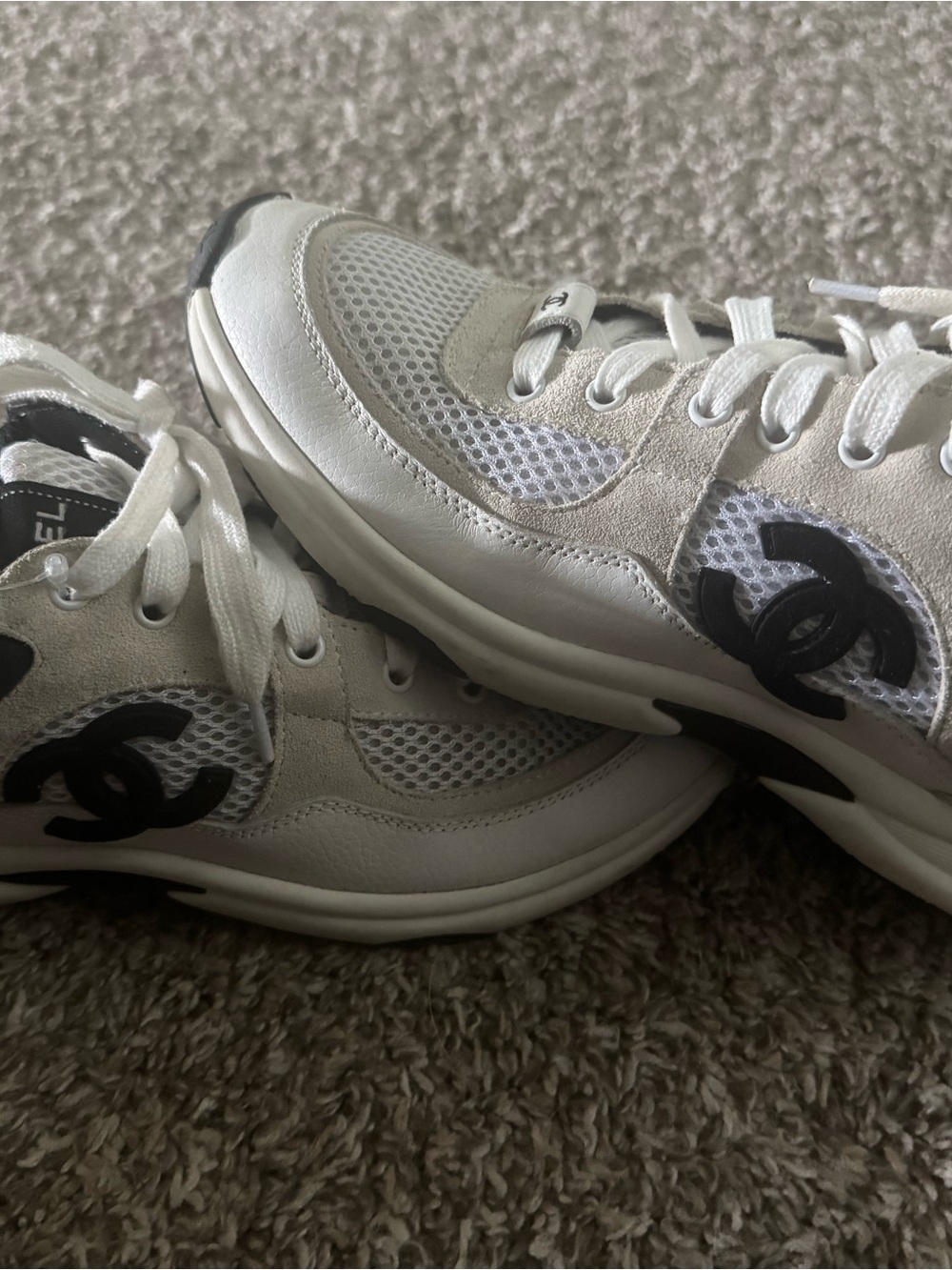 CHANEL White and Black CC Emblem Mesh Lace-Up Sneakers